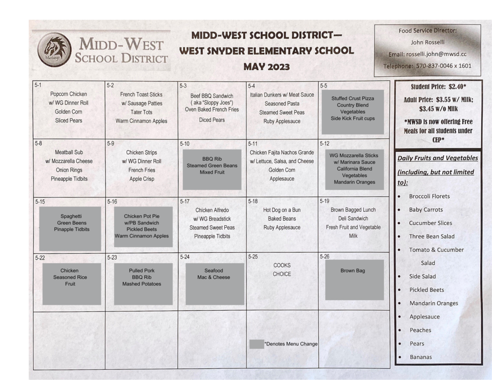 **WSE May Lunch Menu Changes**