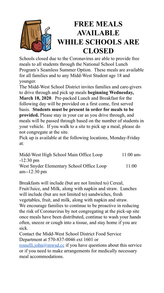 Meals available during school closure